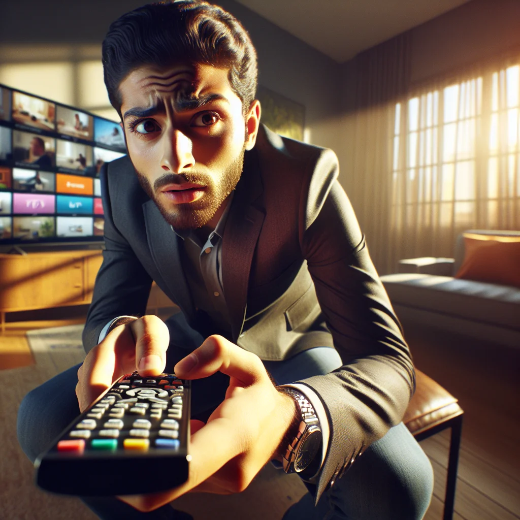 Person watching IP television on a smart TV displaying streaming content and channel selection interface