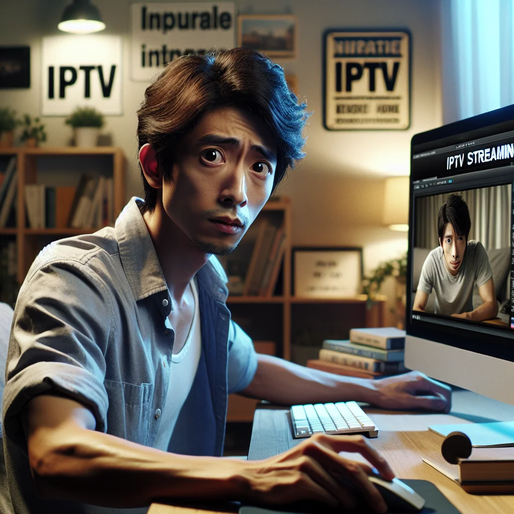 Person watching IPTV streaming service on smart TV with remote control, displaying multiple channel options